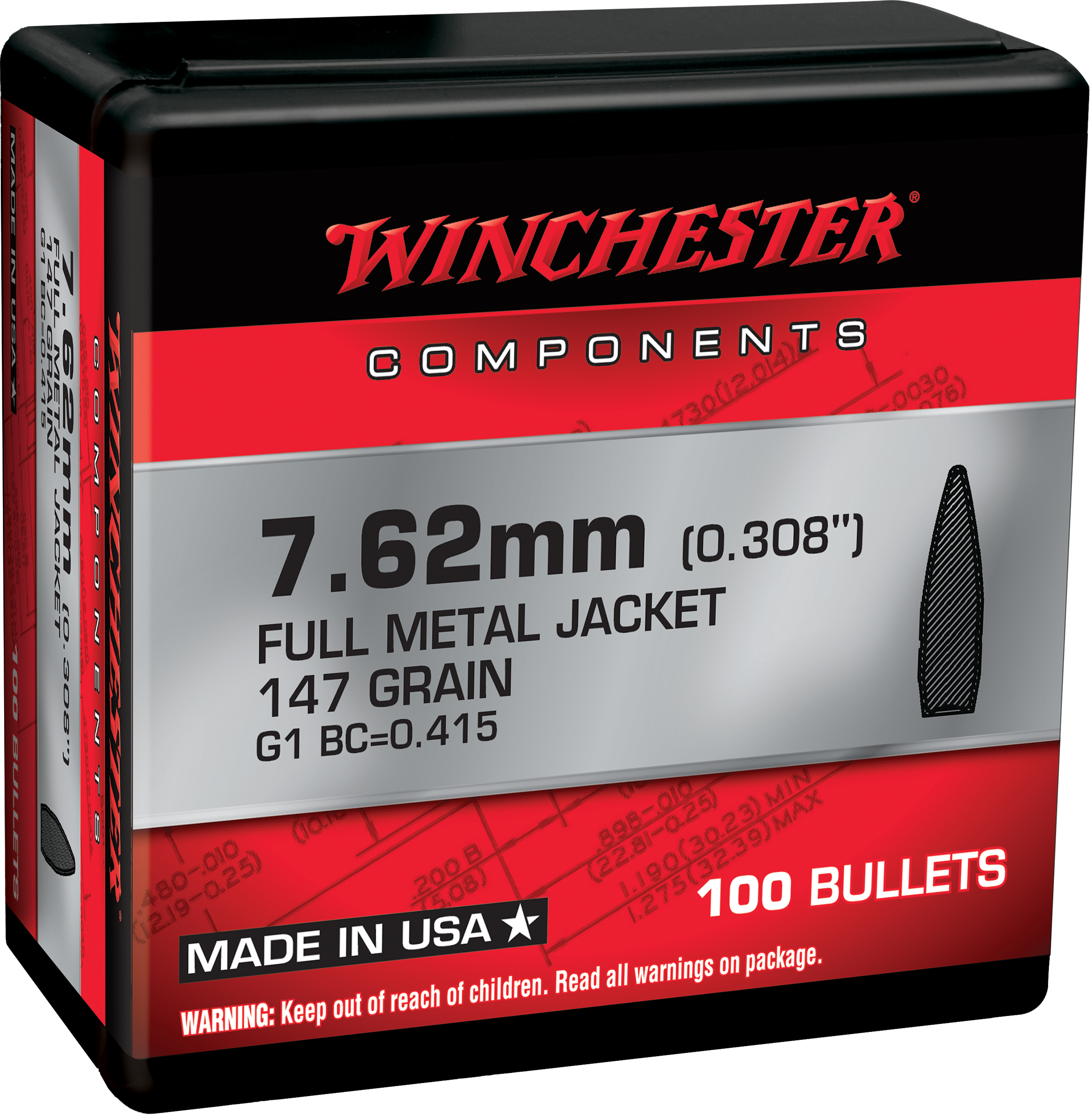 WIN WB762M147X BUL 7.62 147 FMJBT RTL 100/10