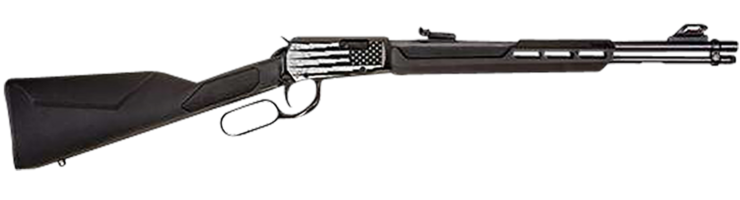 Rossi RL22W201SYEN18 Rio Bravo Full Size, Lever Action 22 WMR 12+1, 20" Polished Black Steel Barrel, Polished Black w/Lighting US Flag Engraving Steel Receiver, Black Fixed Stock, Right Hand