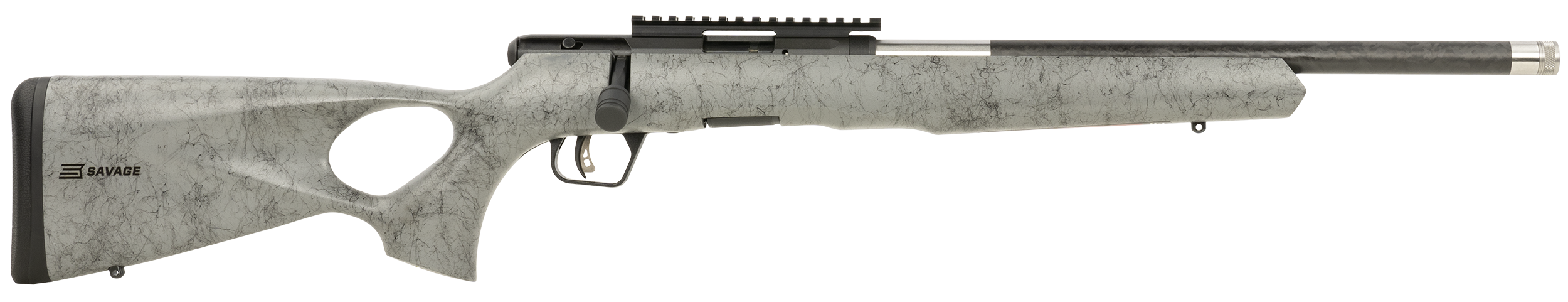 Savage Arms 70818 B Series TimberLite 17 HMR 10+1 18" Black Threaded Carbon Fiber/SS Barrel, Black Picatinny Rail Steel Receiver, Gray w/Black Webbing Synthetic Fixed Thumbhole Stock