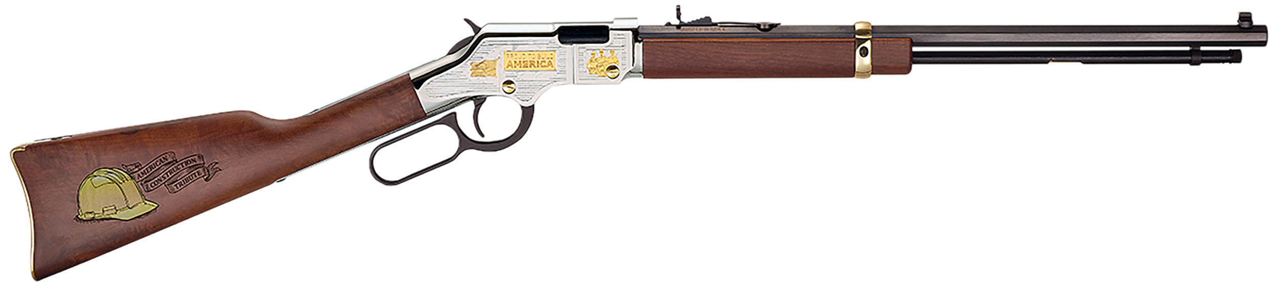 Henry H004AC American Construction 22 S/L/LR, 16 LR/21 Short Capacity, 20" Blued Octagon Barrel, Nickel-Plated w/24K Gold Inlay Engraved Steel Drilled & Tapped Receiver, Walnut w/Gold Accent Fixed Wo