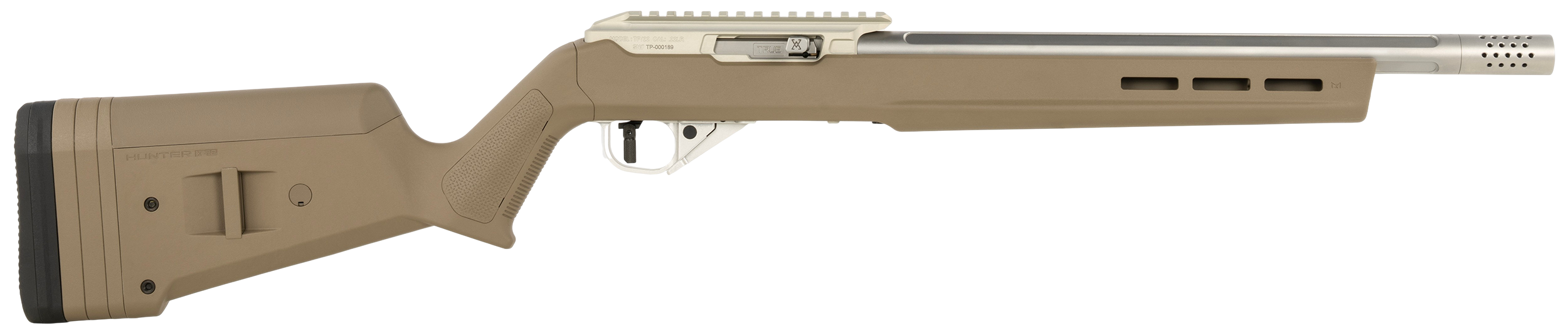 True Precision Inc TP1022FDE3SS TP/22 22 LR 16" Match Grade Barrel, Clear Coat Silver Anodized Aluminum Receiver w/Picatinny Rail, M-LOK Forend, Flat Dark Earth Magpul Hunter X-22 Polymer Stock