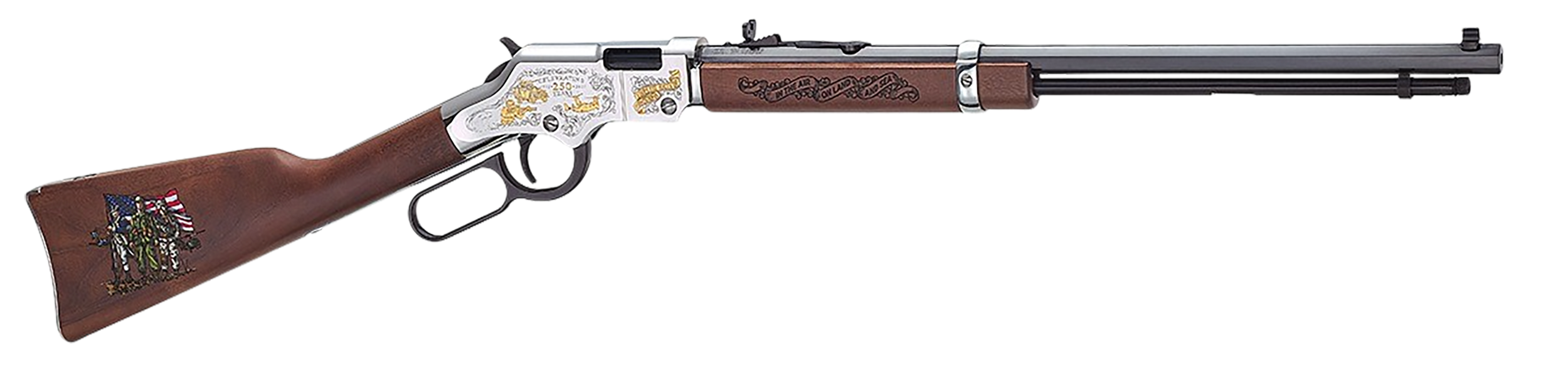 Henry H004MC2 Spirit Of The Corps 250th Anniversary 2nd Edition 22 S/L/LR 16+1 20" Black Octagon Barrel, Nickel-Plated w/24K Gold Inlay Engraved Brass Drilled & Tapped Receiver, American Walnut Straig