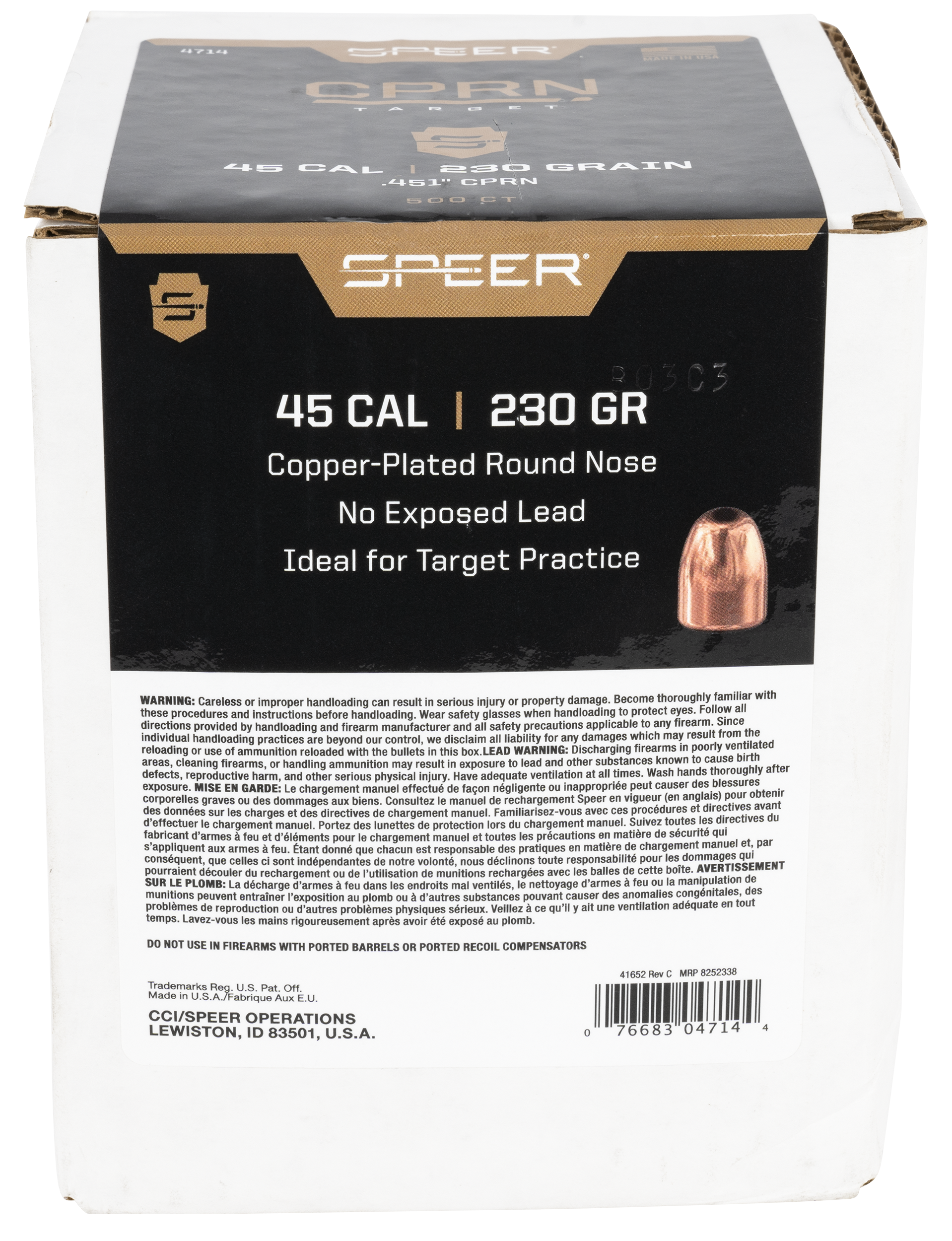 Speer Bullets 45 Caliber 451 Diameter 230 Grain Copper Plated Round Nose 500 Per Box Md: 4714