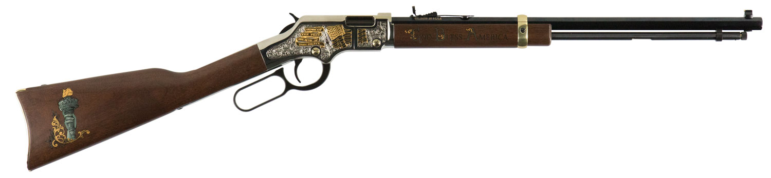 Henry H004GBA Golden Boy God Bless America Edition 22 Short, 22 Long or 22 LR Caliber with 16 LR/21 Short Capacity, 20" Blued Barrel, Nickel-Plated Metal Finish & American Walnut Stock Right Hand (Ful