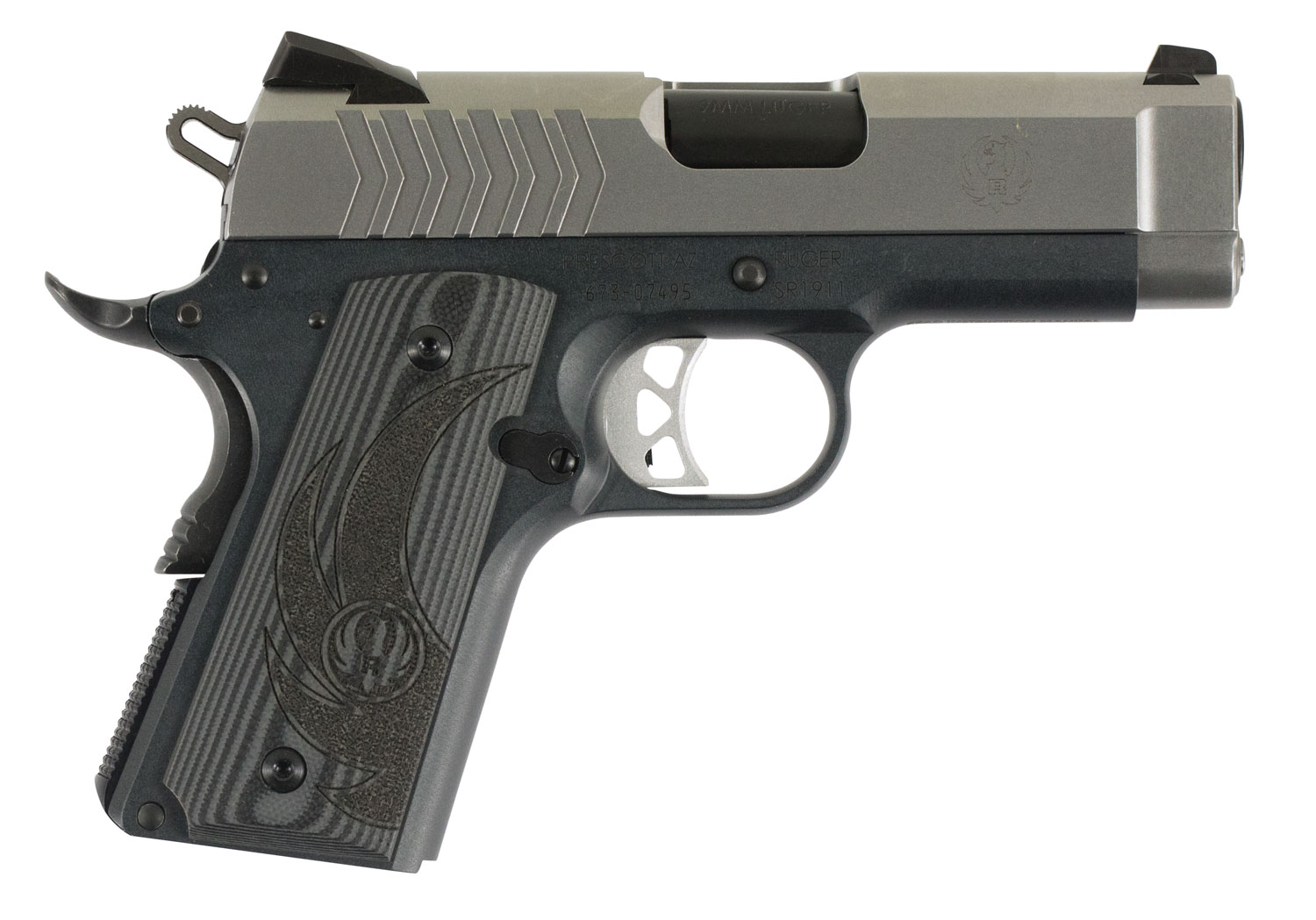 Ruger 6758 SR1911 Officer-Style 9mm Luger 7+1 3.60 Black Steel Barrel, Serrated Stainless Steel Slide, Tungsten Gray Cerakote Aluminum Frame w/Beavertail, Deluxe Checkered G10 Grip