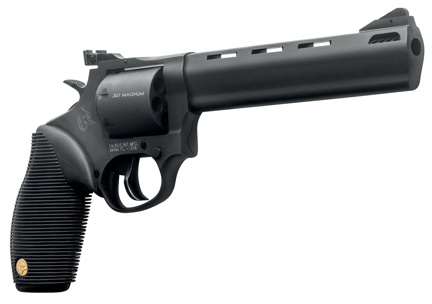 Taurus 692 Revolver 9mm Luger, 38 Special +P or 357 Mag Caliber with 6.50" Vent Rib Barrel 7 Shot Cylinder Overall Matte Black Finish Steel & Black Ribber Grip Includes 2 Cylinders