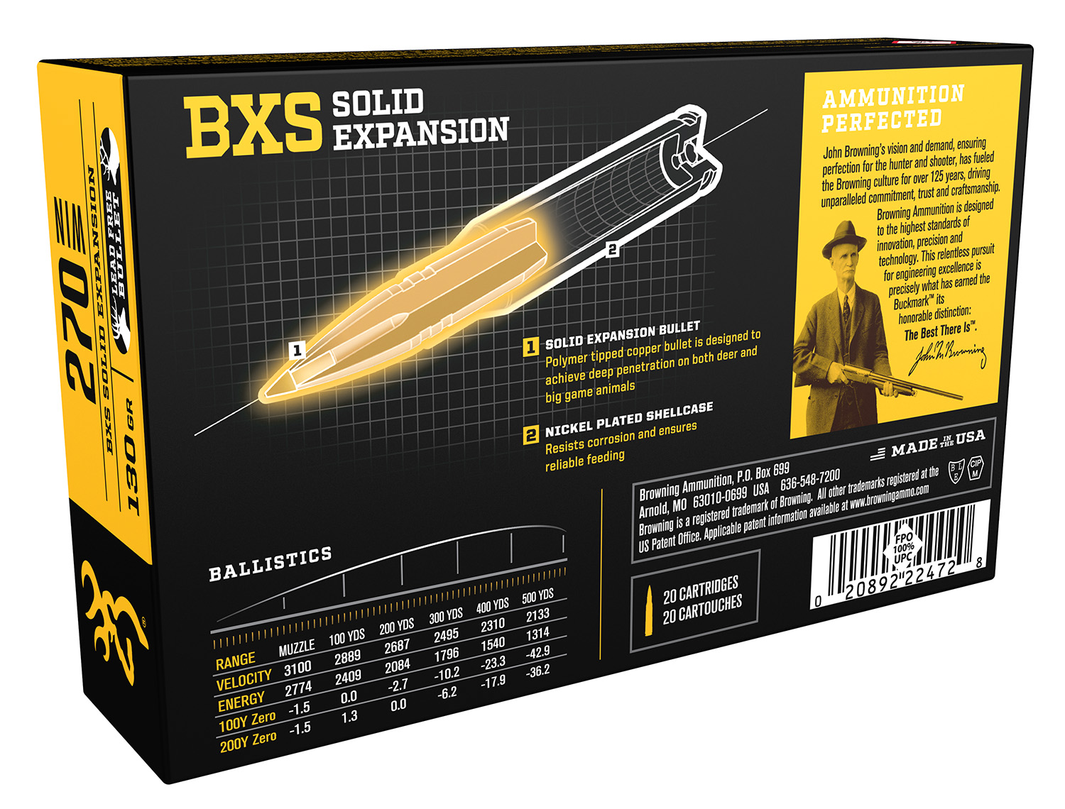 Browning BXS 270 Win 130gr – Reliable Lead Free Solid Expansion Big Game Ammo, 20 Rounds 2 Browning BXS 270 Win 130gr – Reliable Lead Free Solid Expansion Big Game Ammo, 20 Rounds - Image 2