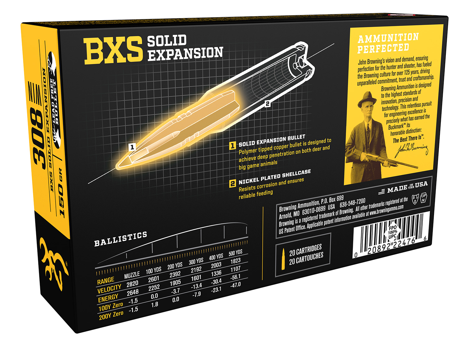Browning BXS 308 Win 150gr – Reliable Lead Free Solid Expansion Big Game Ammo, 20 Rounds 2 Browning BXS 308 Win 150gr – Reliable Lead Free Solid Expansion Big Game Ammo, 20 Rounds - Image 2