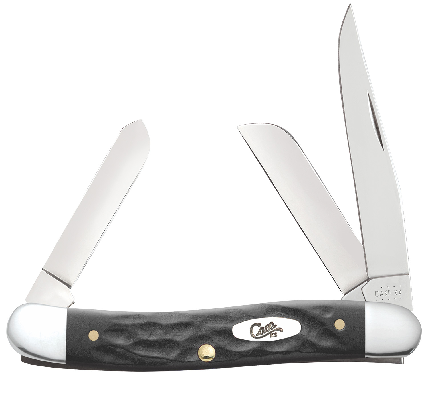 Case 18222 Stockman  Medium Folding, 2.57/1.88/1.71 Clip Point/Sheepsfoot/Spey Plain Mirror Polished Tru-Sharp SS Blade, Rough Black Jigged Synthetic Handle