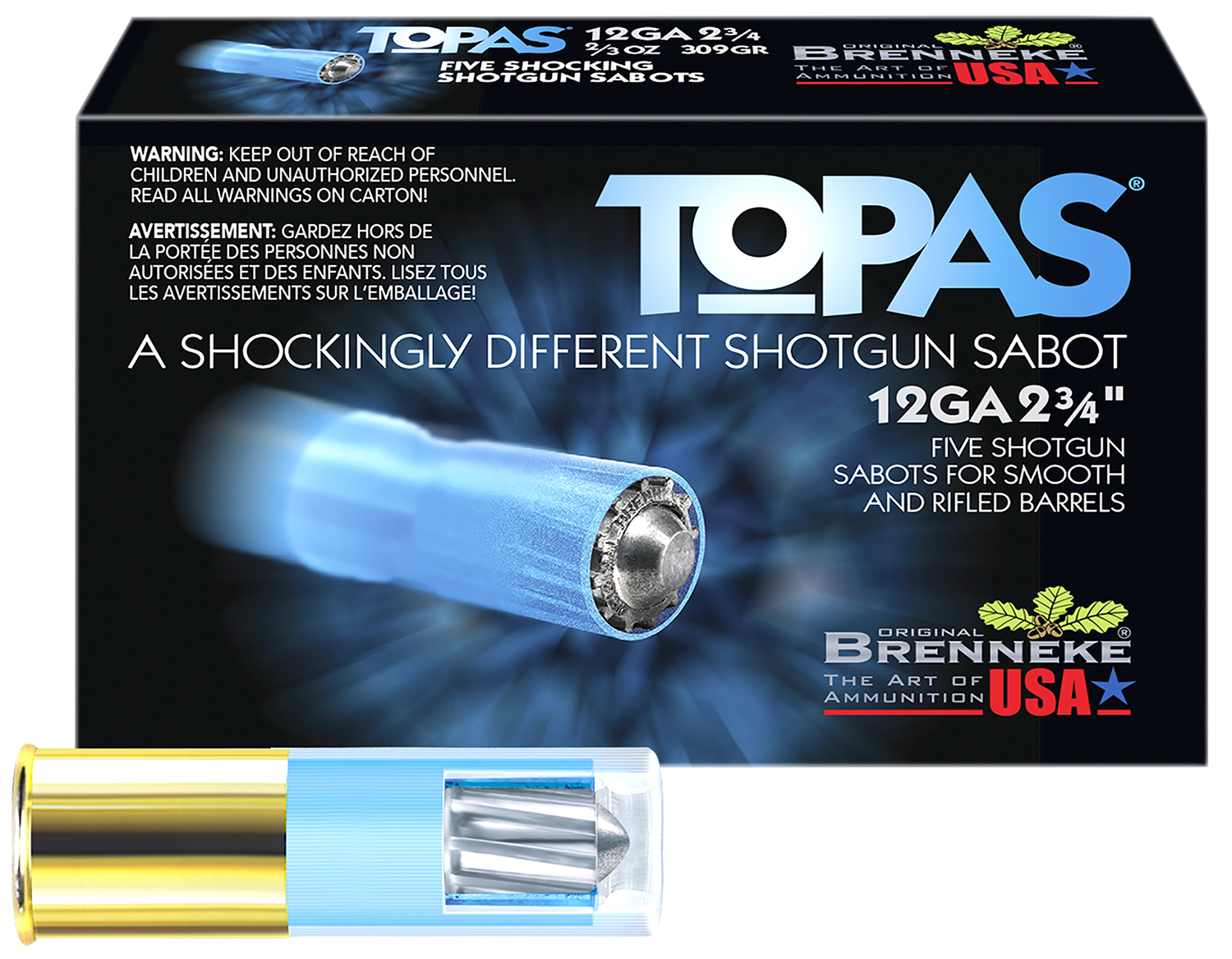 Brenneke SL122TOP TOPAS  12Gauge 2.75 2/3oz Sabot Slug Shot 5 Per Box/50 Case