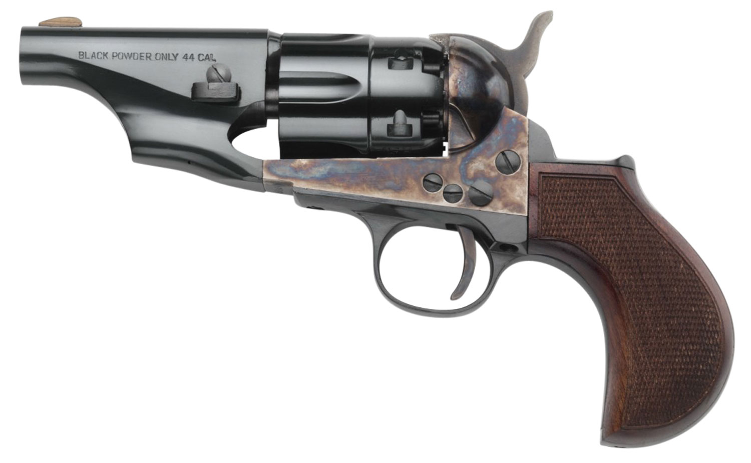 Taylors & Company 200017 1860 Army Snub Nose Break Open 44 Cal Striker Fire 3 6 Shot Color Case Hardened Frame Blued Barrel & Cylinder Walnut Grip