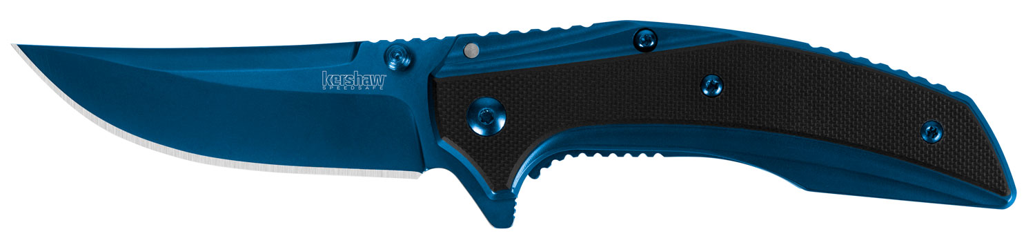 Kershaw 8320 Outright  3 Folding Trailing Point Plain Blue PVD 8Cr13MoV SS Blade Black/Blue G10/SS Handle Includes Pocket Clip
