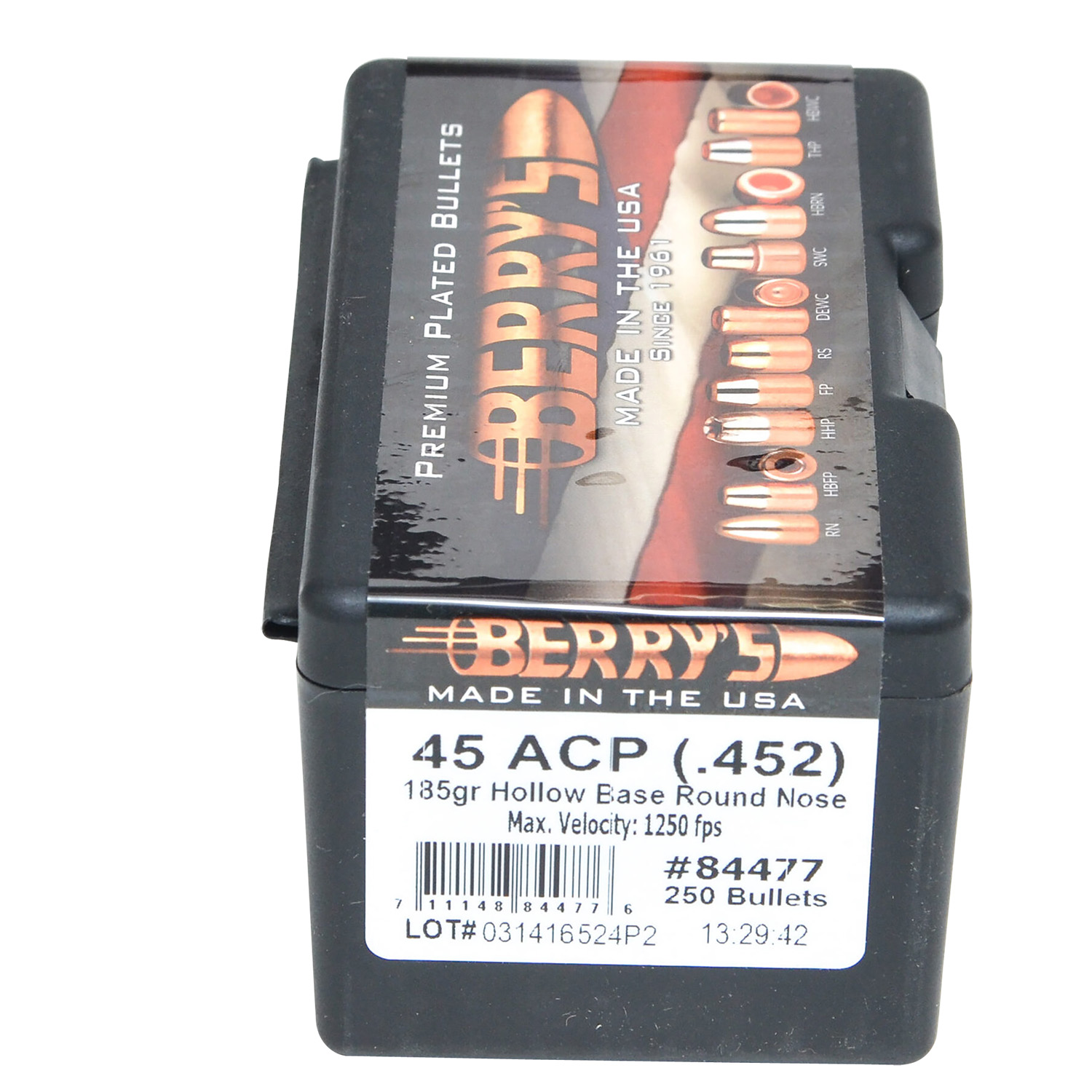 Berry's 84477 .45 Cal 185gr Hollow Base RN Bullets 250/Box