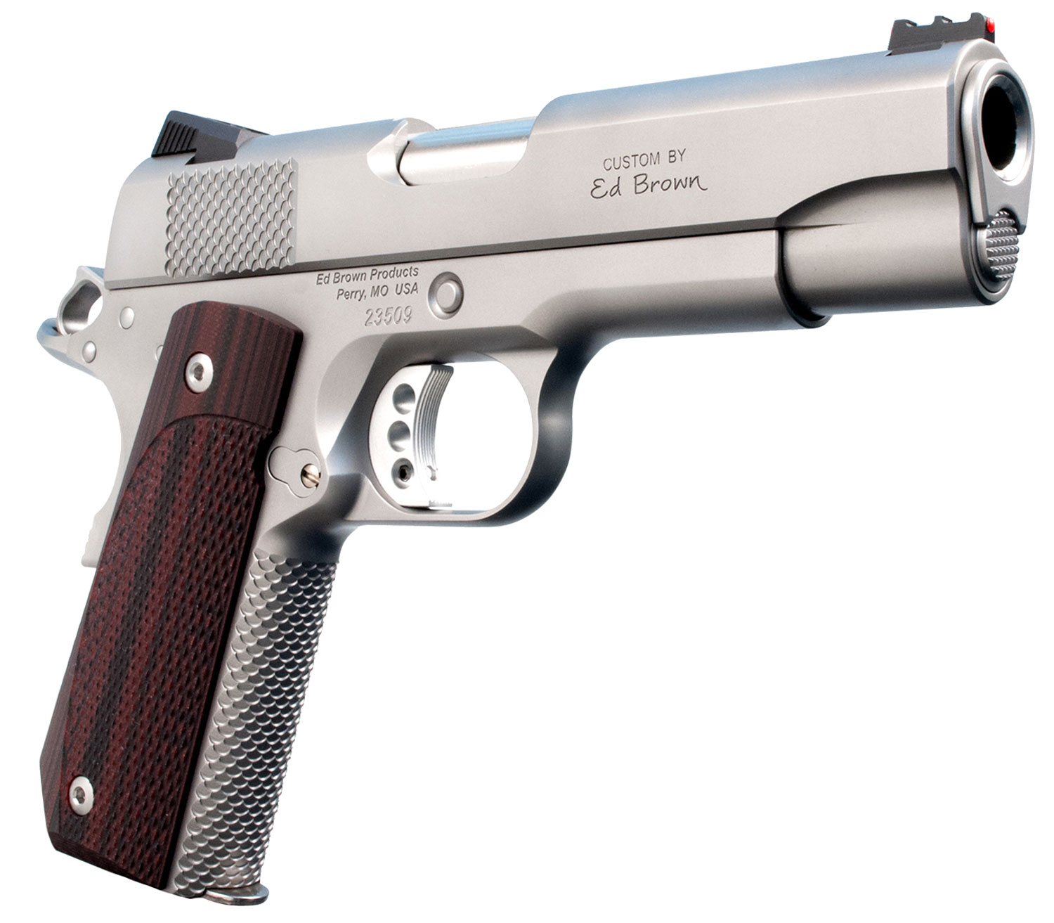 Ed Brown KC18SS 1911 Kobra Carry Serrated Frame 45 ACP 7+1 4.25 Stainless Recessed Crown Barrel, Matte Stainless Serrated Steel Slide & Frame, Laminate Wood Grip, Right Hand