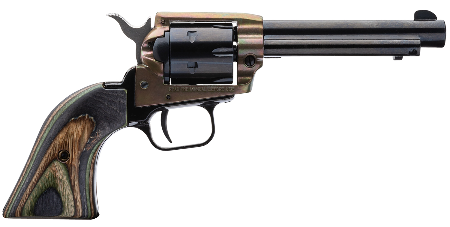 Heritage Mfg RR22CH4 Rough Rider  22 LR 6 Shot, 4.75 Black Oxide Steel Barrel, Simulated Case Hardened Zinc Alloy Frame, Black Oxide Cylinder, Camo Laminate Grip, Manual Safety, Exposed Hammer