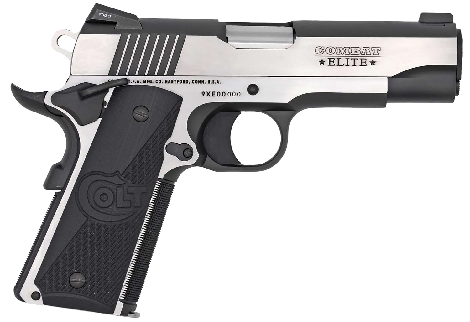 Colt Mfg O4082CE Combat Elite Commander 9mm Luger 8+1 4.25" Stainless Steel Barrel, Two-Tone Serrated Stainless Steel Slide & Frame w/Beavertail, Black Scalloped G10 Grip, Ambidextrous