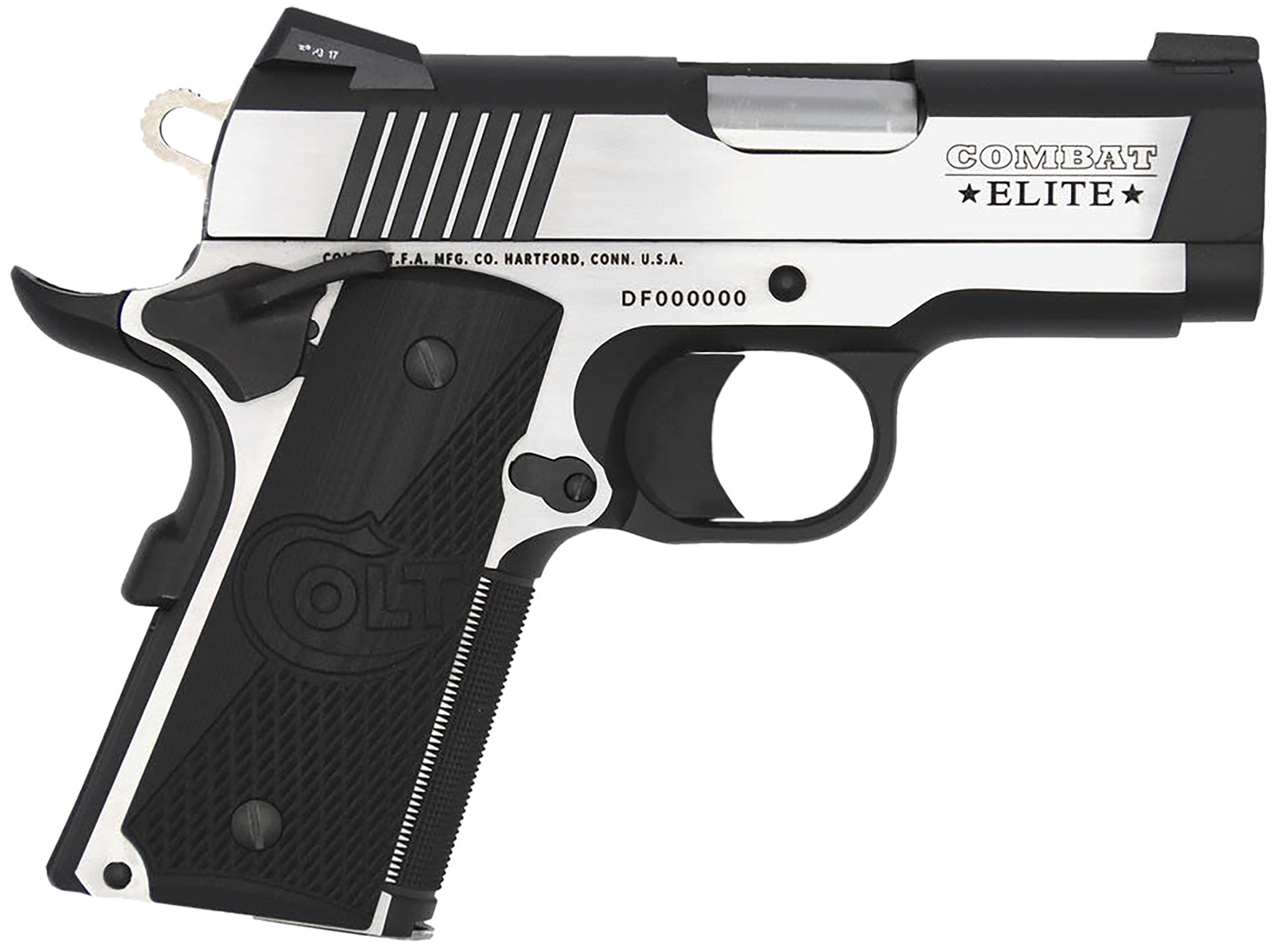 Colt Mfg O7082CE Combat Elite Commander Compact Frame 9mm Luger 8+1, 3" Stainless Steel Barrel, Two-Tone Serrated Stainless Steel Slide & Frame w/Beavertail, Black Scalloped G10 Grip, Ambidextrous