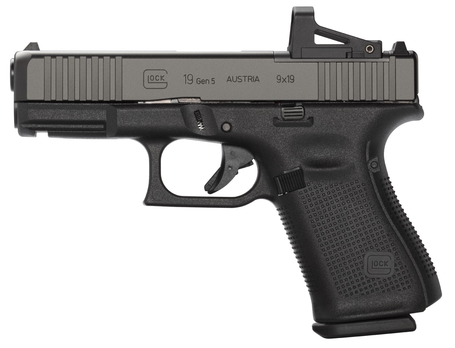 Glock PA195S201MOS G19 Gen5 Compact MOS 9mm Luger 4.02 10+1 Overall Black Finish with nDLC Steel with Front Serrations & MOS Cuts Slide, Rough Texture Interchangeable Backstraps Grip & Fixed Sights