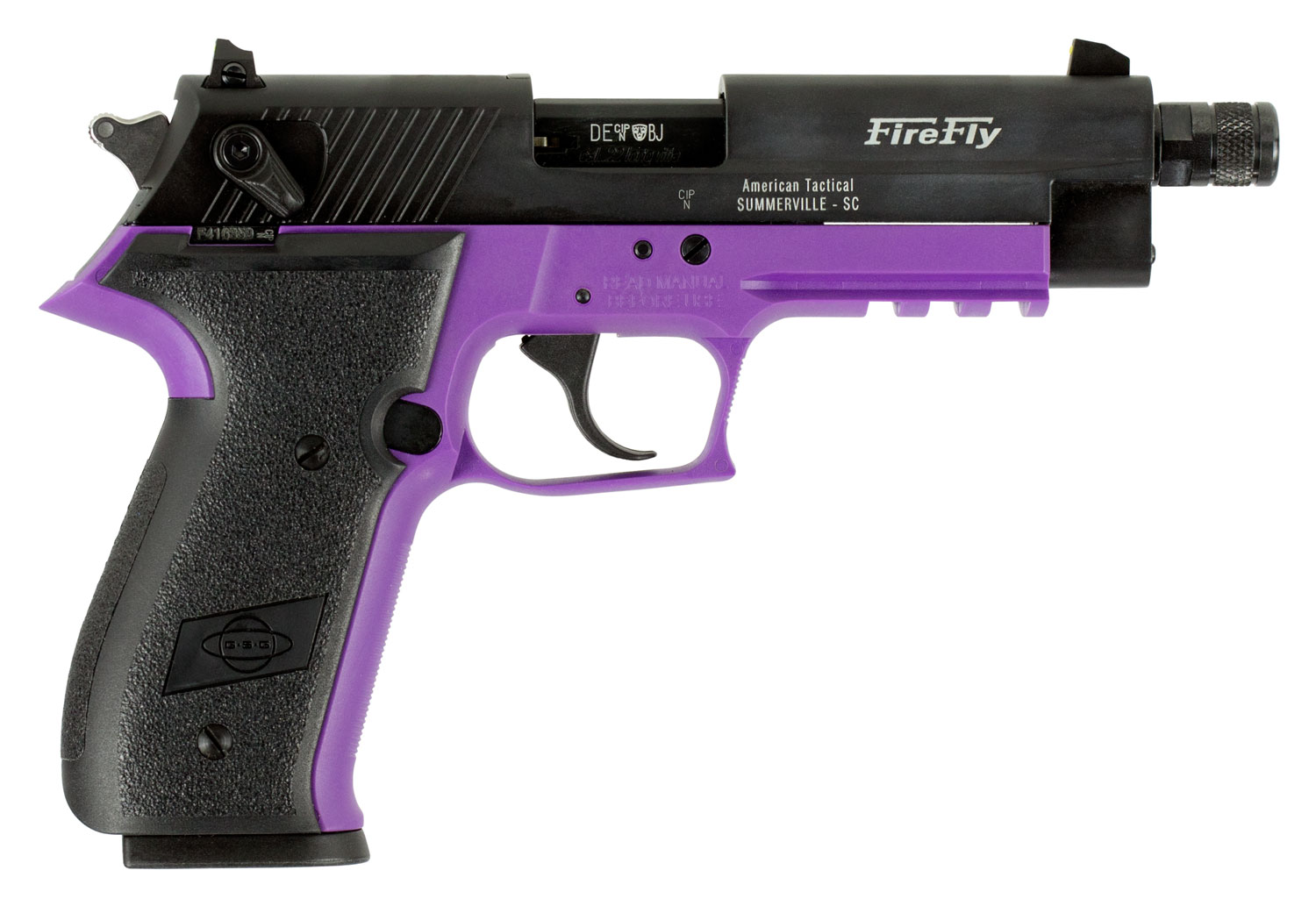 GSG GERG2210TFFL FireFly  22 LR 10+1 4.90 Black Threaded Barrel & Serrated Slide, Purple Zinc Alloy w/Accessory Rail Frame, Black Polymer Grip