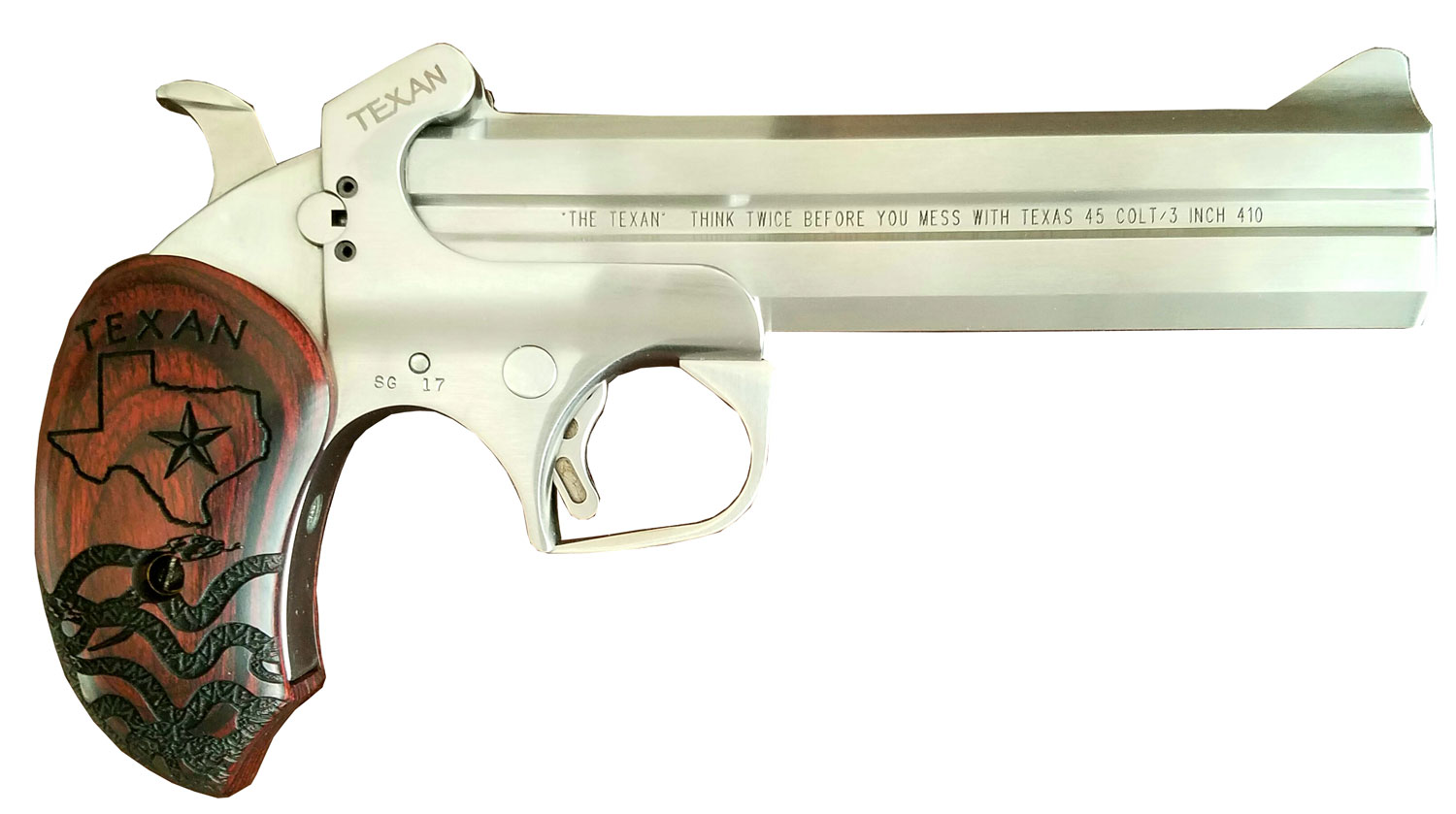 Bond Arms BATX Texan  Derringer Single 45 Colt (LC)/410 Gauge 2rd, 6 Stainless Steel Double Barrel & Frame, Blade Front/Fixed Rear Sights, Custom Engraved Rosewood Grip, Manual Safety