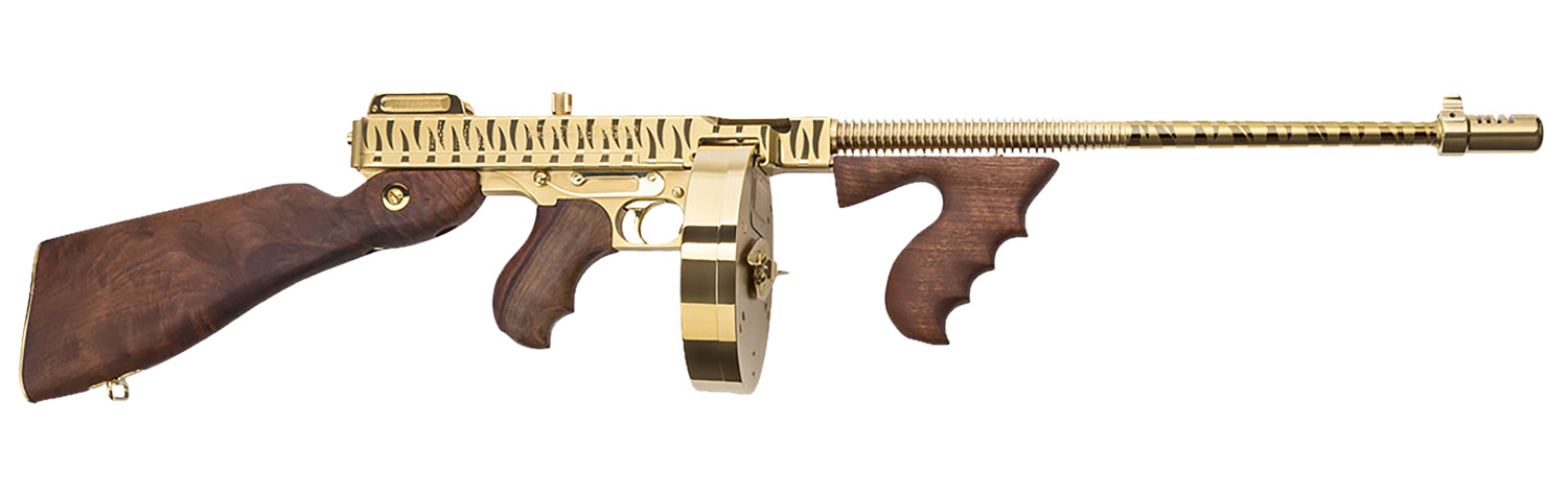 Thompson T150DTGTS 1927A-1 Deluxe 45 ACP Caliber with 16.50 Barrel, 20+1 Capacity (Stick), 50+1 Capacity (Drum), Gold w/Tiger Stripe Metal Finish, American Walnut Stock Wood Grip Right Hand