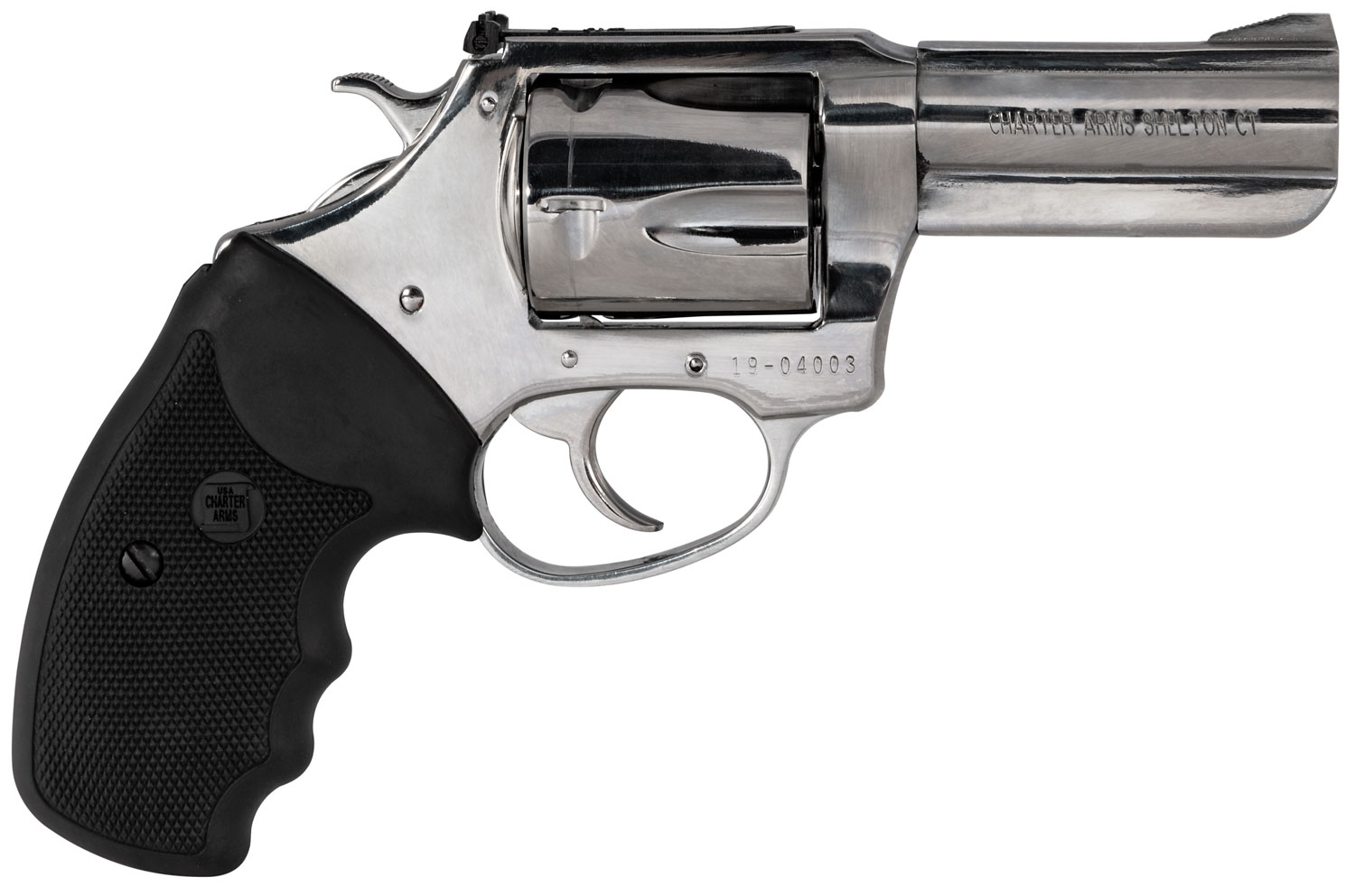 Charter Arms 73539 Mag Pug  Large 357 Mag, 5 Shot 3" High Polished Stainless Steel Barrel, Cylinder & Frame w/Black Finger Grooved Rubber Grip