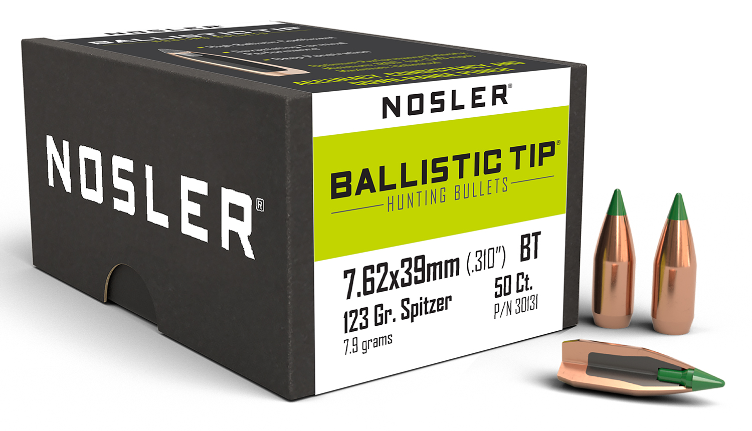 Nosler 30131 Ballistic Tip Hunting Bullets, 7.62x39mm, 123gr, Spitzer Boat-Tail, Copper Material, 50/Box, USA Origin