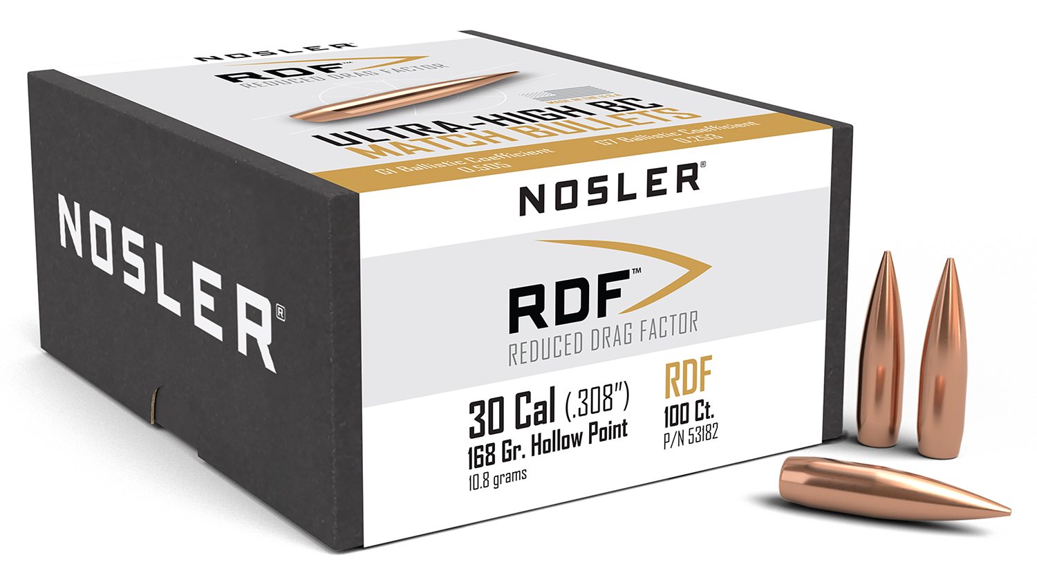 Nosler 53182 RDF .30 Caliber .308 168 Grain HPBT 100 Count Boat Tail