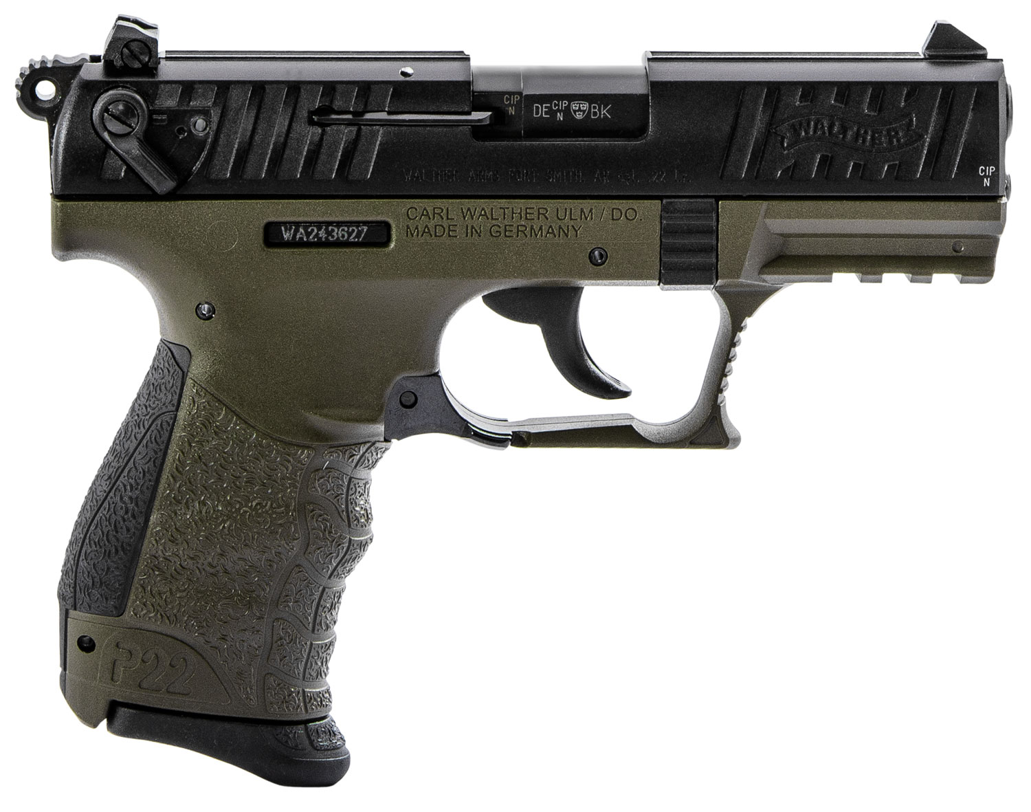 Walther Arms 5120715 P22 Q Military 22 LR 10+1 3.42 Steel/Threaded Barrel, Matte Black Tenifer Serrated/Steel Slide, OD Green Polymer Frame w/Picatinny Rail, Black Interchangeable Backstrap Grips