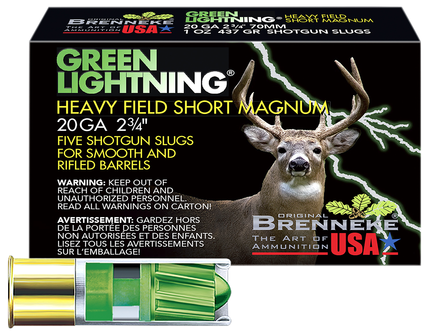 Brenneke SL202HFSGL Green Lightning Heavy Field Short Magnum 20Gauge 2.75 1oz Slug Shot 5 Per Box/50 Case