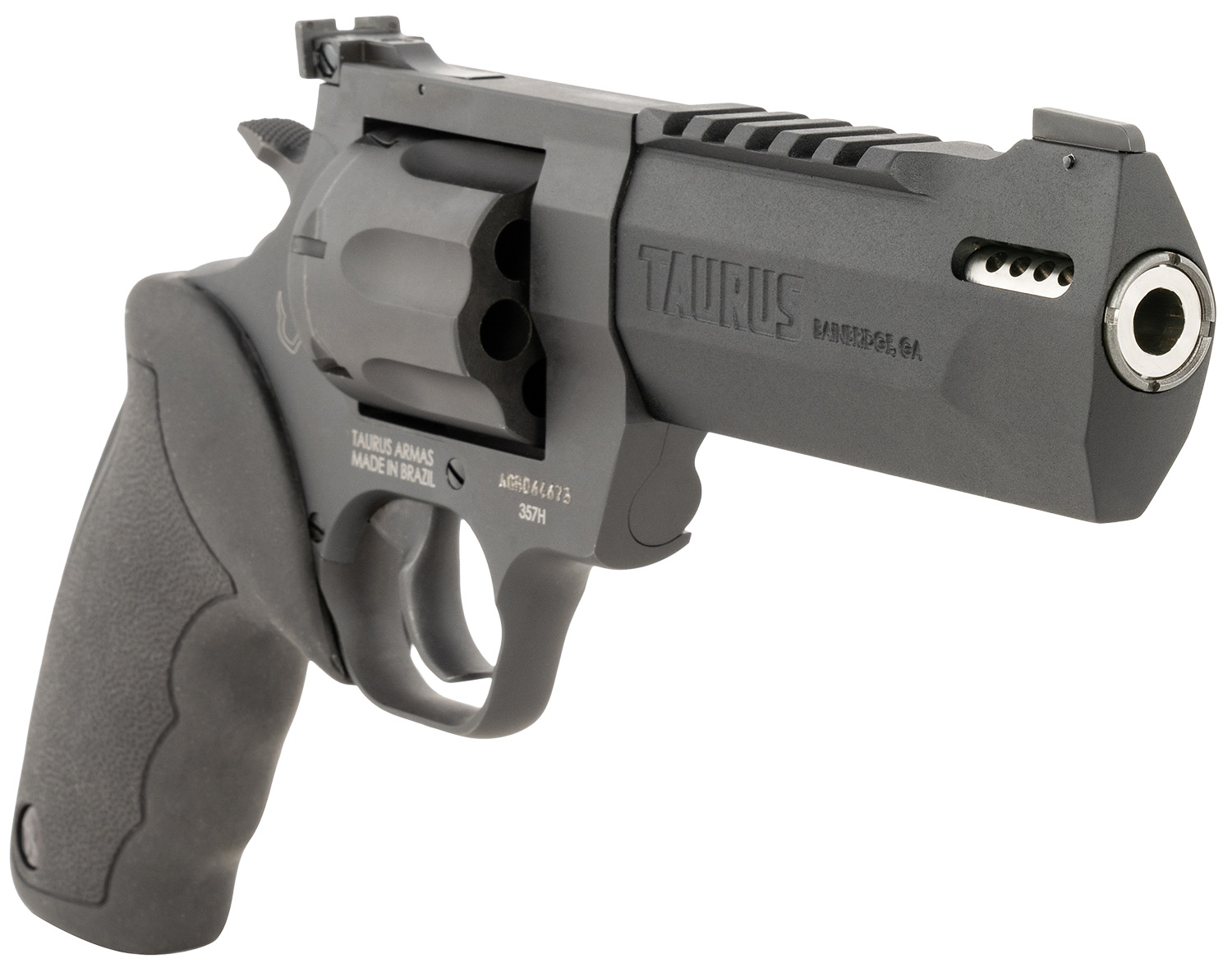 Taurus Raging Hunter 357 Magnum 5.12in 7-Shot — Superb Hunter 4 Taurus Raging Hunter 357 Magnum seven-shot revolver with 5.12-inch ported barrel and Picatinny rail, matte black