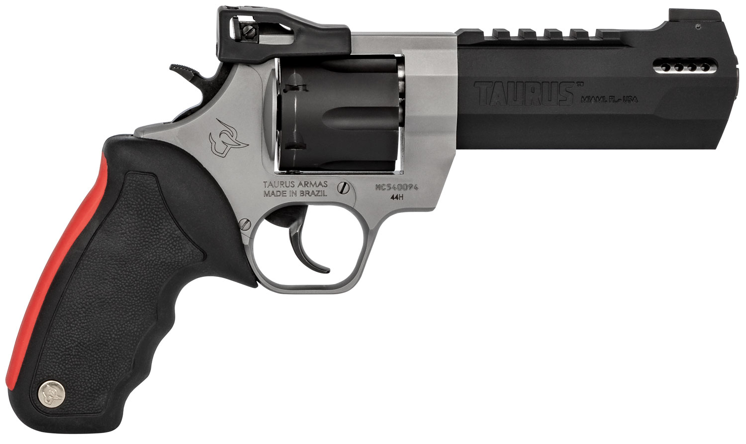 Taurus 2440055RH Raging Hunter  44 Rem Mag 6rd 5.12" Matte Black Oxide Cylinder & Barrel Matte Stainless Steel Frame Black Rubber with Integrated Red Cushion Insert  Grip