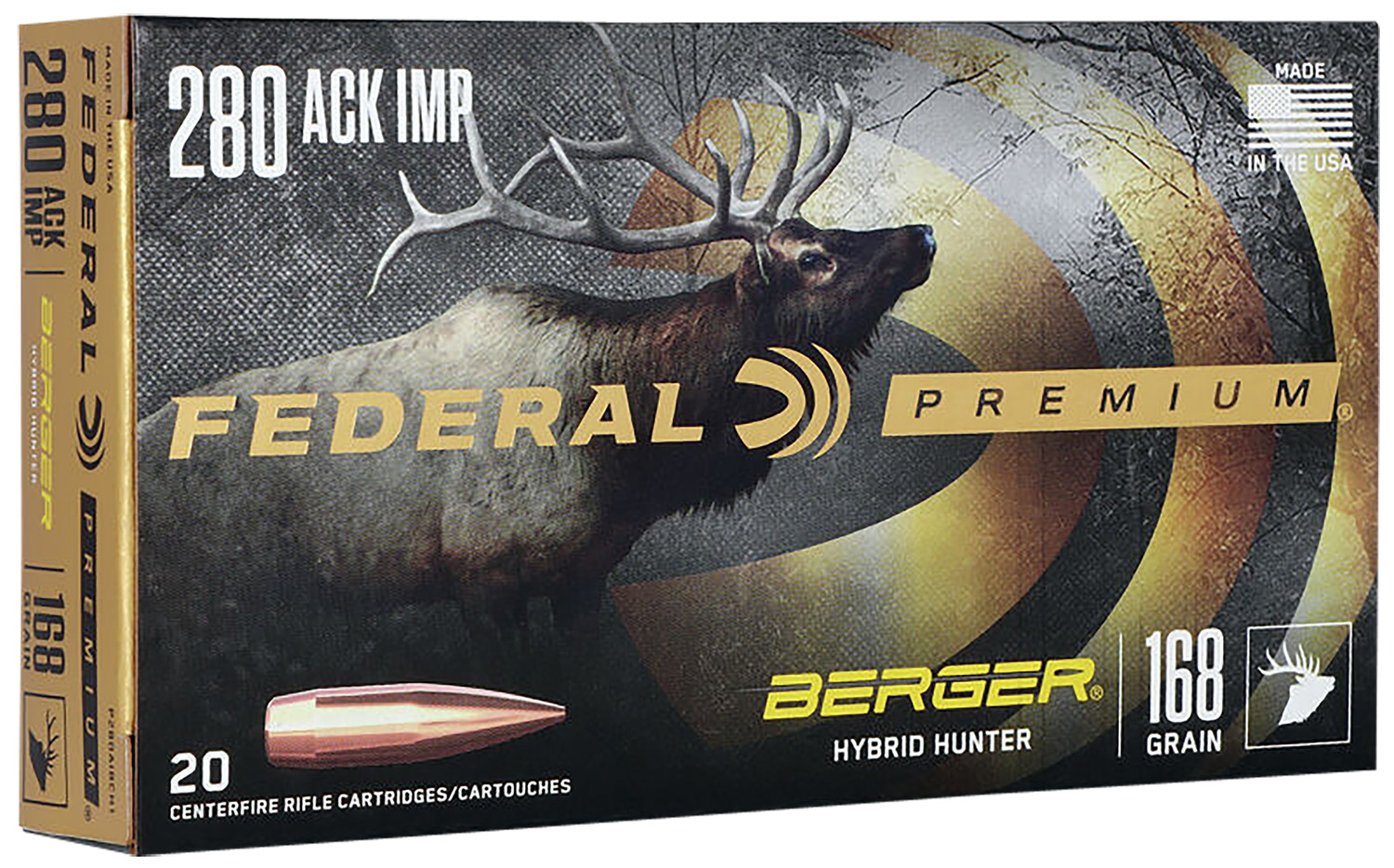 Federal Premium Rifle Ammo 280 Ackley 168 Gr. Berger Hybrid Hunter 20 Rd. eral Premium Rifle 280 Ackley 168 Gr. Berger Hybrid Hunter 20 Rd. Ammo