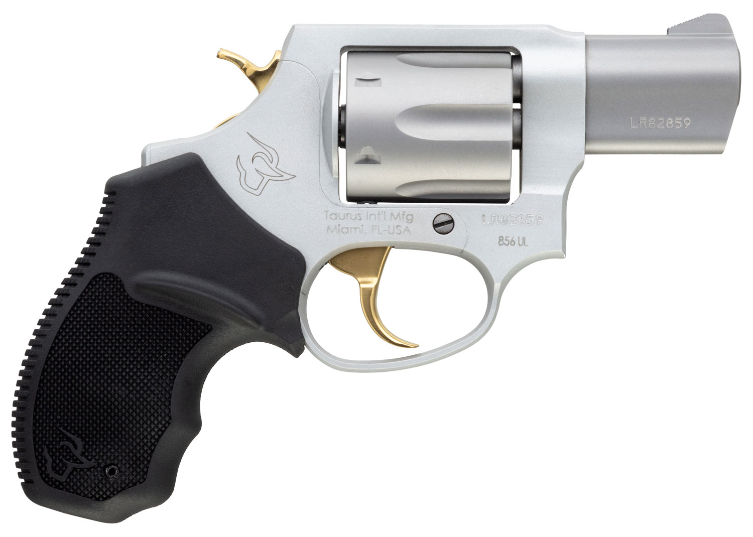 Taurus 2-856029ULGLD 856 Ultra-Lite Small 38 Special 6 Shot 2" Matte Stainless Steel Barrel, Cylinder & Frame, Gold Accents, Black Finger Grooved Rubber Grip, Transfer Bar Safety, Exposed Hammer