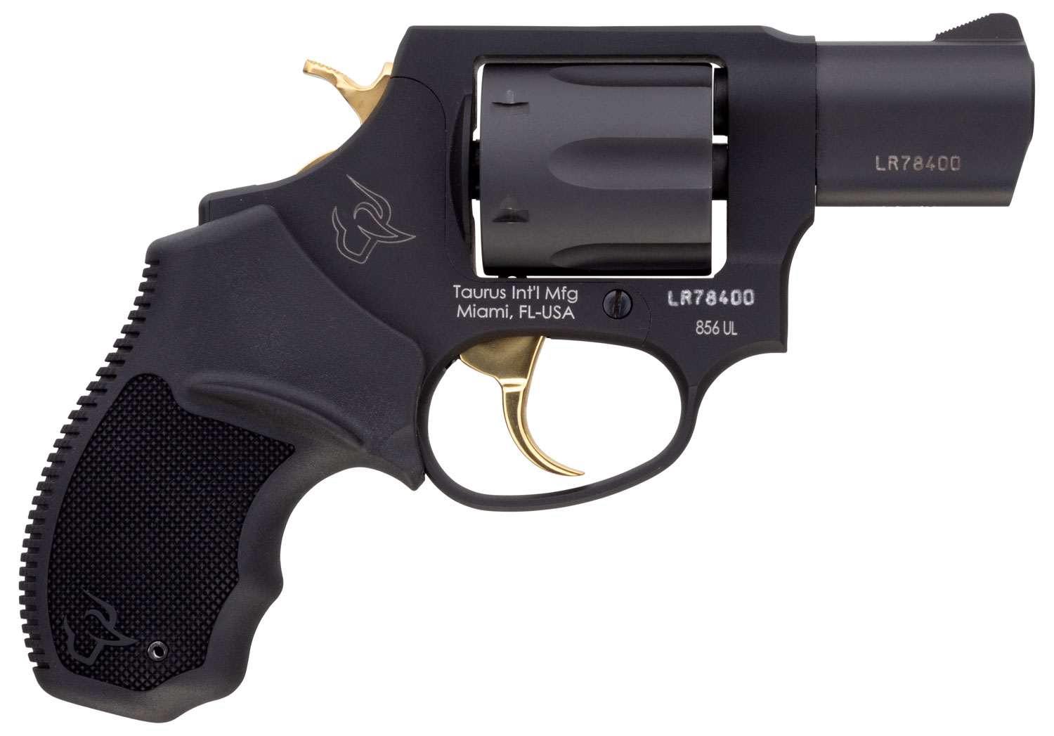 Taurus 2-856021ULGLD 856 Ultra-Lite 38 Special Caliber with 2"  Barrel, 6rd Capacity Cylinder, Overall Matte Black Metal Finish, Gold Trigger/Hammer Frame & Finger Grooved Black Rubber Grip