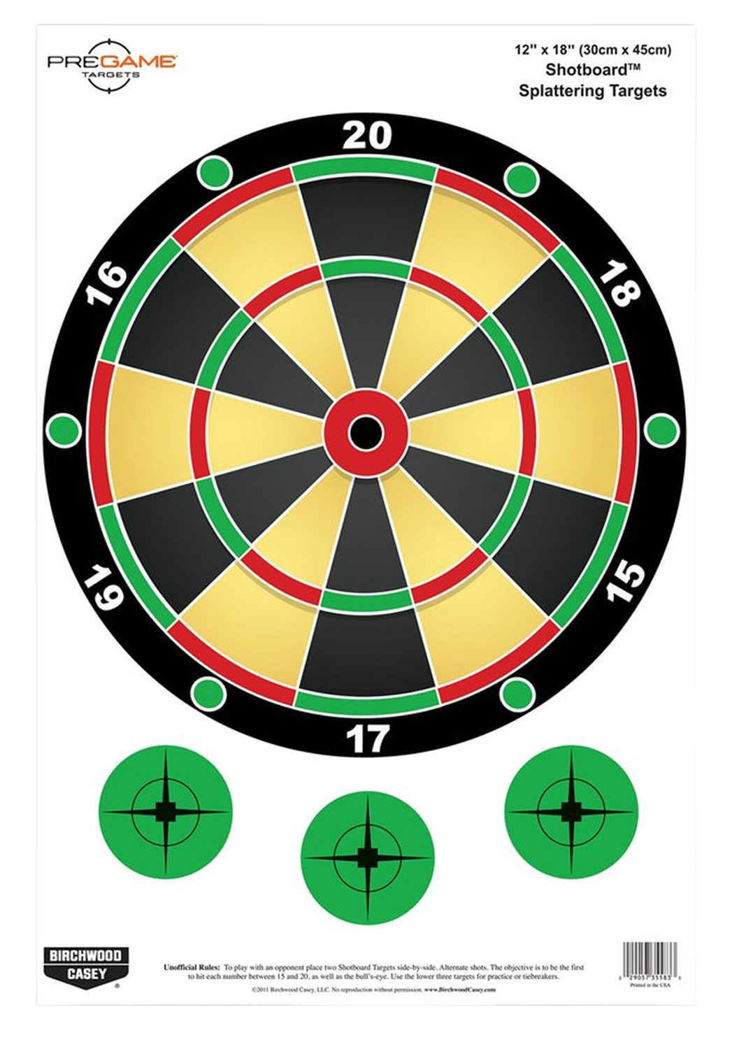 Birchwood Casey Pregame Shotboard Dart Board Paper Hanging Universal 12" x 18" Multi-Color 100 Per Pkg
