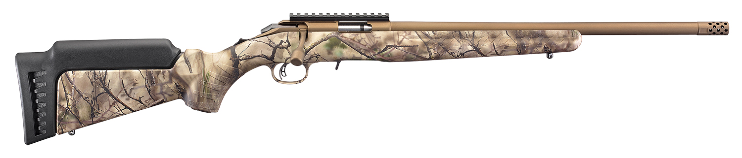 Ruger 8374 American Rimfire Full Size 17 HMR 9+1 18" Bronze Cerakote Threaded Barrel & Alloy Steel Receiver w/Picatinny Rail, Go Wild Camo I-M Brush, Fixed Synthetic Stock, Right Hand