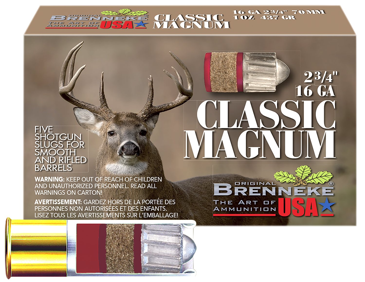 Brenneke SL162CLM Classic Magnum  16Gauge 2.75 1oz Slug Shot 5 Per Box/50 Case