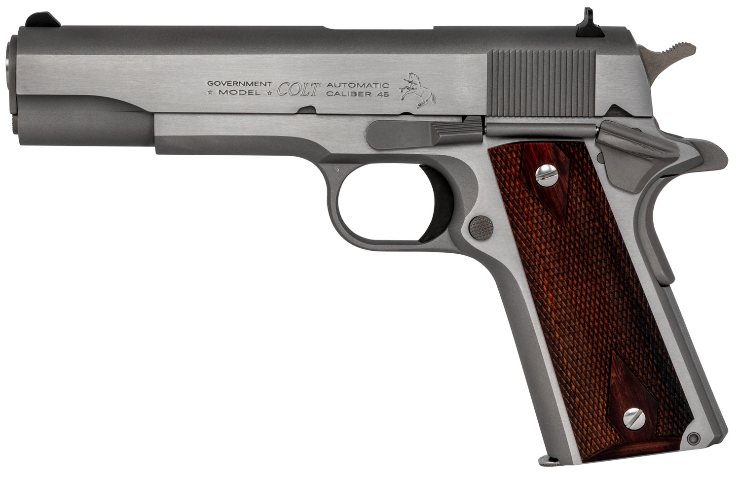 Colt 1911 Government 45 ACP 5 in. Stainless 7+1 - Superb Proven National Match 5 Colt 1911 Government 45 ACP pistol, left side, showing the stainless steel frame and slide with rosewood grips