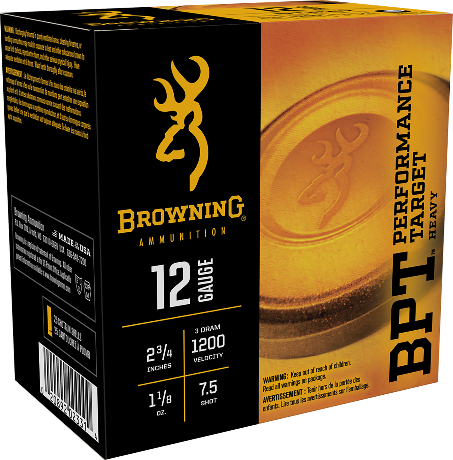 Browning Ammo B193621227 BPT Performance Target Heavy 12Gauge 2.75 1 1/8oz 7.5Shot 25 Per Box/10 Case