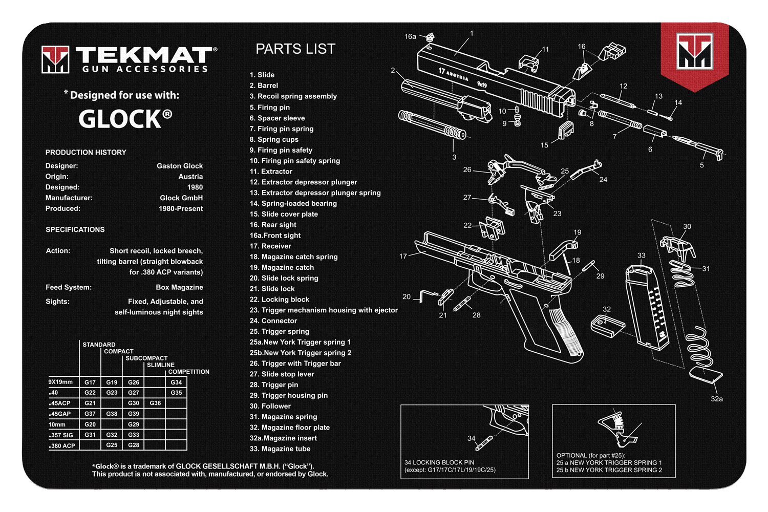 TekMat TEKR17GLOCK Glock Cleaning Mat Glock Parts Diagram 11" x 17"-img-0