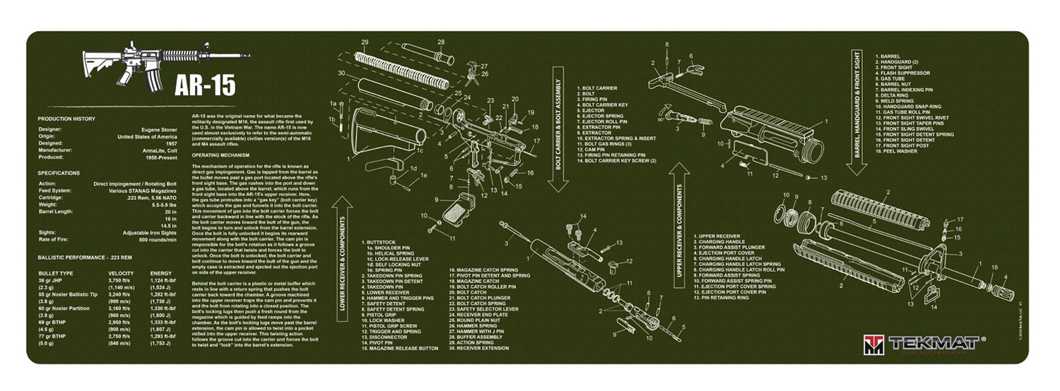 TekMat TEKR36AR15OD AR-15 Cleaning Mat OD Green Rubber 12x36 AR-15 Parts Diagram