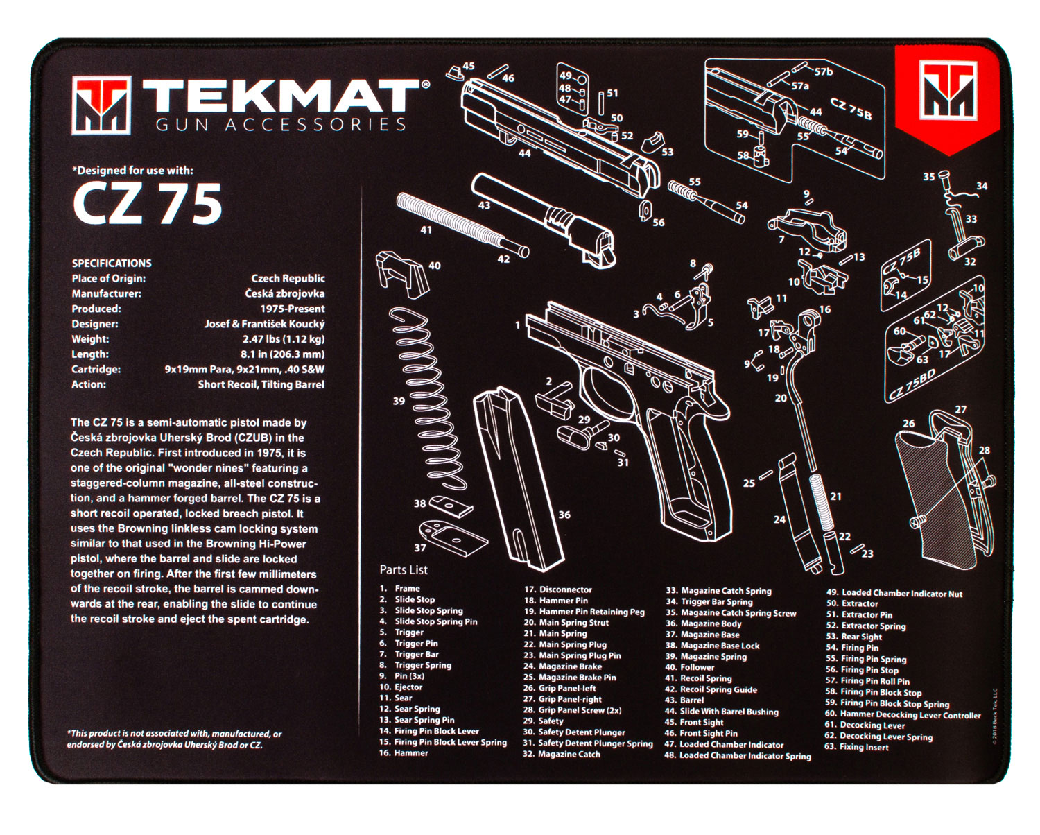 TekMat TEKR20CZ75 CZ 75 Ultra 20 Cleaning Mat CZ-75 Parts Diagram 15" x 20"-img-0