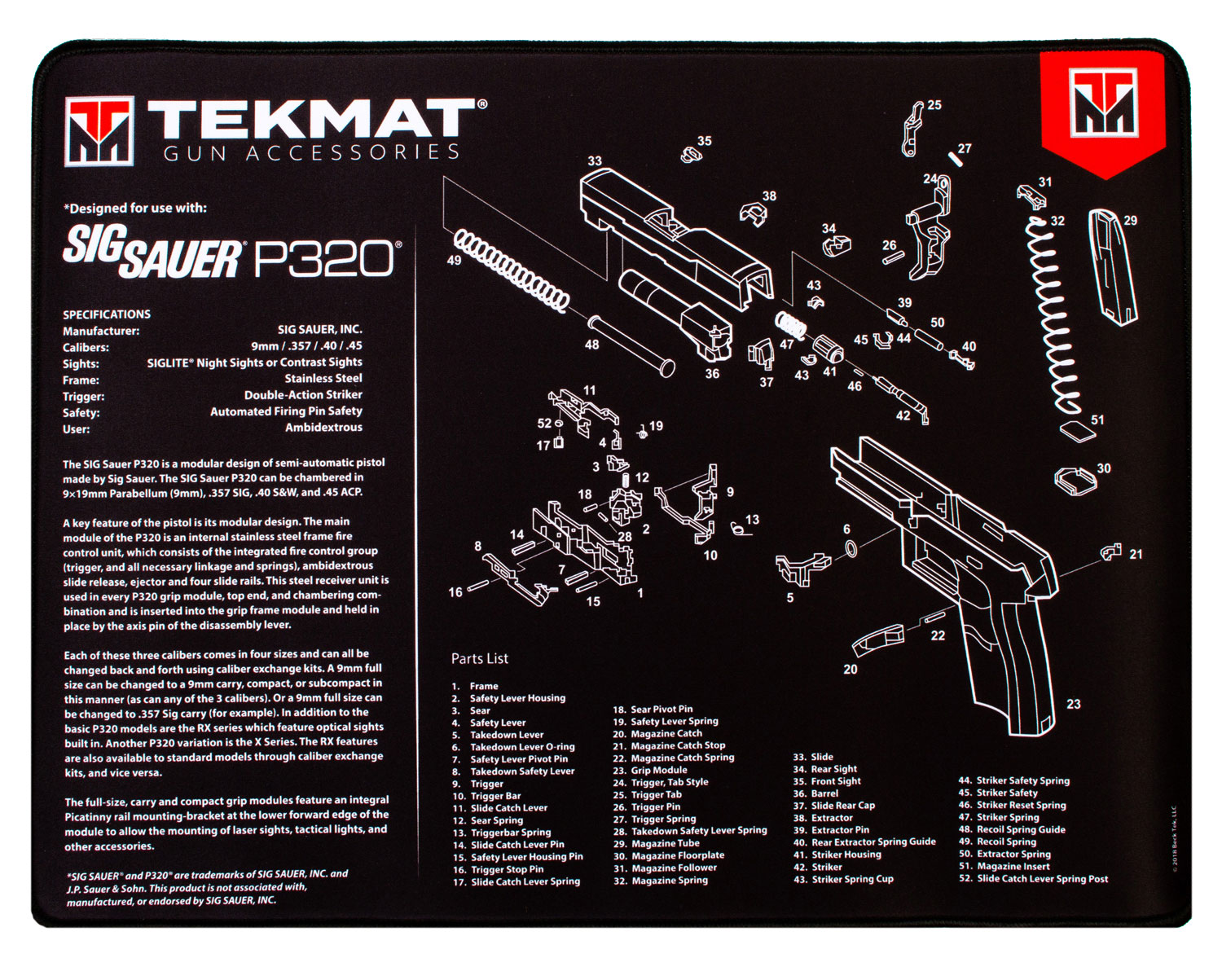 TekMat TEKR20SIGP320 Sig Sauer P320 Ultra 20 Cleaning Mat Black/White Rubber 15x20 Sig P320 Parts Diagram