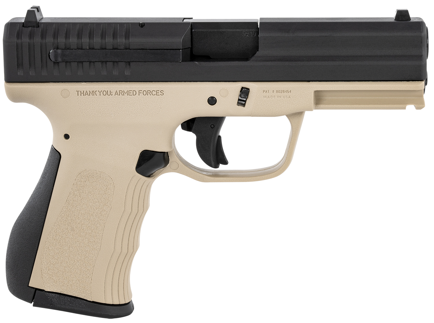 FMK G9C1G2RSS 9C1 G2 9mm Luger 14+1 4 Black Stainless Steel Barrel, Black Serrated Carbon Steel Slide, Desert Sand Polymer Frame w/Picatinny Rail, Black Backstrap Grip