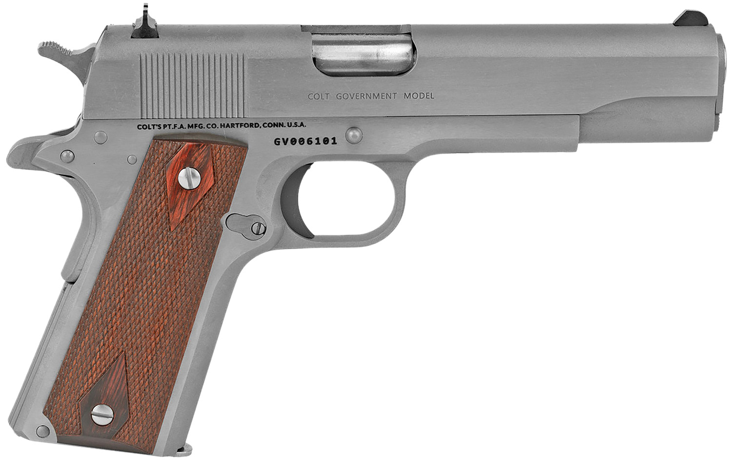 Colt O1911CSS38 1911 Govt 38 Super, 5" National Match Barrel, 9+1 Capacity, Stainless Finish, Serrated Slide, Black Rubber Grip - Colt - 38 Super