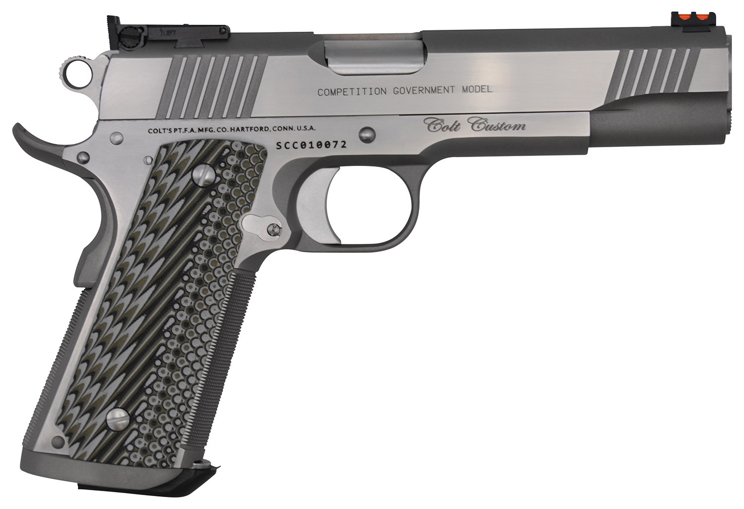 Colt Mfg O1073CS Custom Competition 38 Super 9+1 5" Stainless National Match Barrel, Brushed Stainless Steel Serrated Slide & Frame w/Beavertail, Black G10 Grip, Ambidextrous