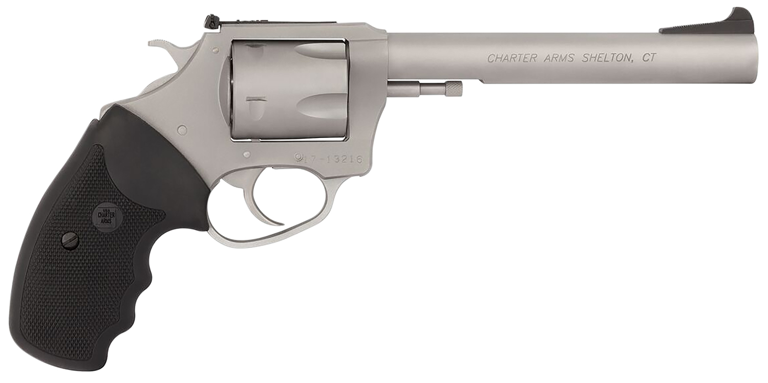 Charter Arms 79960 Pitbull  Large 9mm Luger, 5 Shot 6" Matte Stainless Steel Barrel, Cylinder & Frame w/Black Finger Grooved Rubber Grip