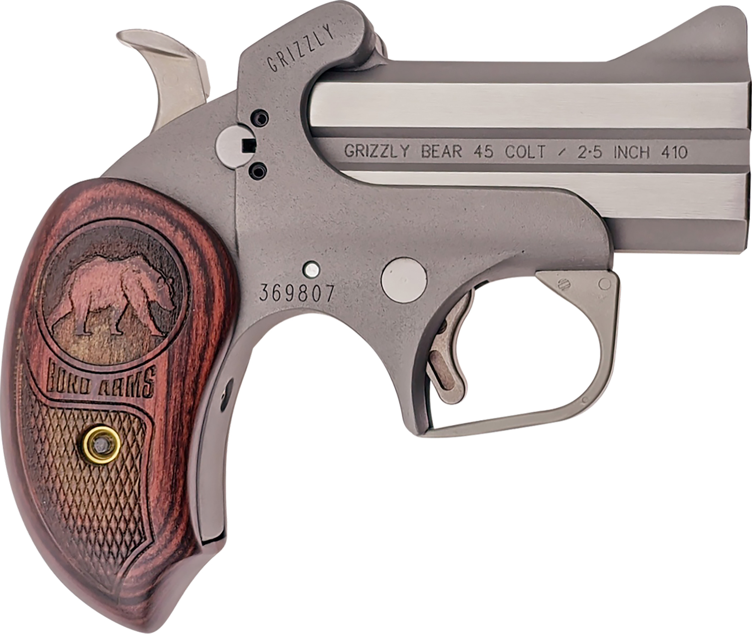 Bond Arms BAGR Grizzly  45 Colt (LC)/410 Gauge 2rd 3 Stainless Steel Double Barrel & Frame, Rebounding Hammer, Blade Front/Fixed Rear Sights, Rosewood Grips, Manual Safety