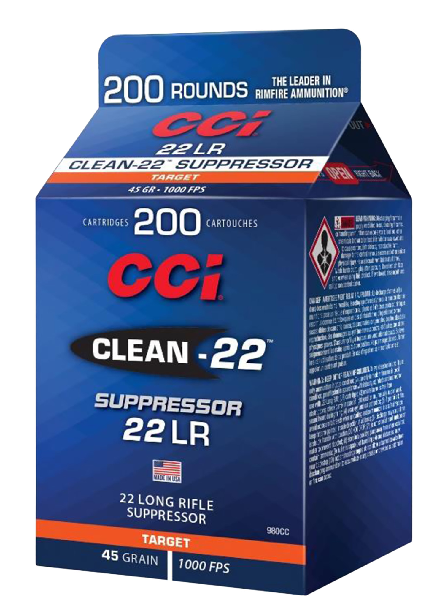 CCI 980CC Clean-22 Suppressor 22 LR 45 Gr Lead Round Nose 200 Per Box/ 10 Case
